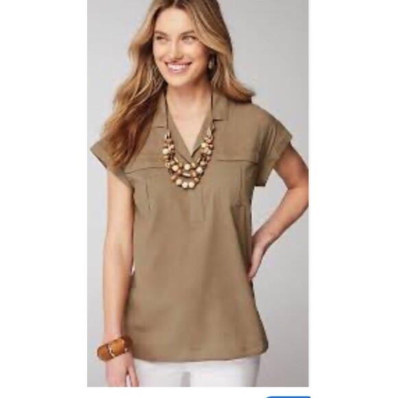 J Jill Large Brown Utility Popover Shirt Khaki Safari Two Pocket Blouse Neutral - Picture 9 of 9